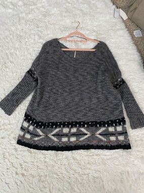 Free People Charcoal Crewneck Sweater with Geometric Hem